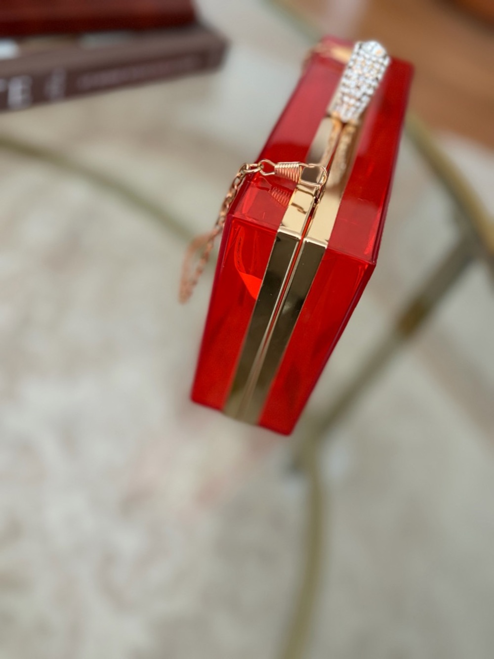 Red Acrylic Box Clutch Rhinestone Ring Clasp Gold Chain Evening Bag - Picture 8 of 14